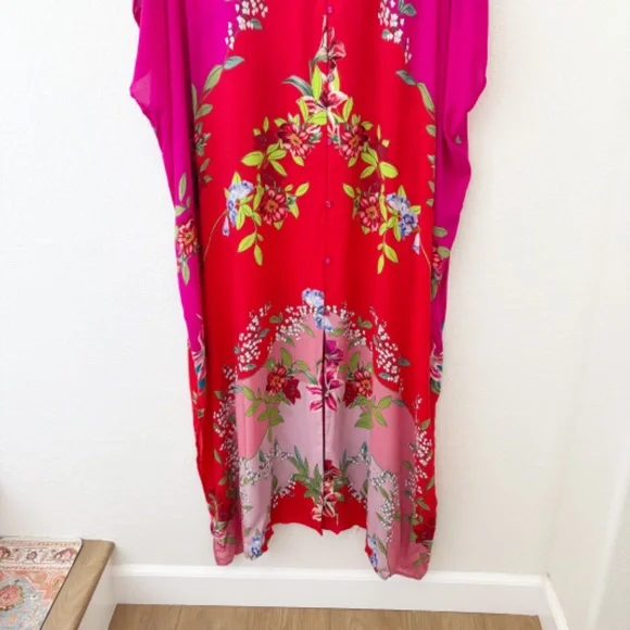 Johnny Was Nanya V-Neck Oversized Floral Print Maxi‎ Kaftan in Red Blush Sz L/XL - Picture 4 of 12